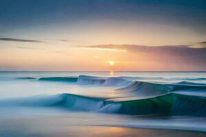 the sun sets over the ocean in this long exposure photograph. AI-Generated photo