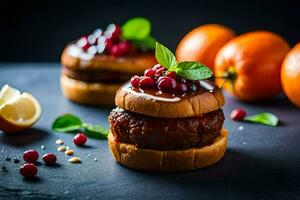 two hamburgers with cranberries and herbs on a black background. AI-Generated photo