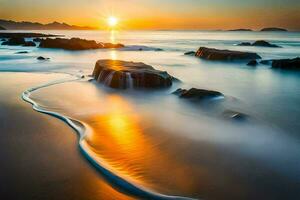 the sun rises over the ocean in this long exposure photograph. AI-Generated photo