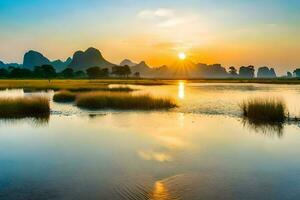 the sunrise over li river, li river, li river, li river, li river, li. AI-Generated photo