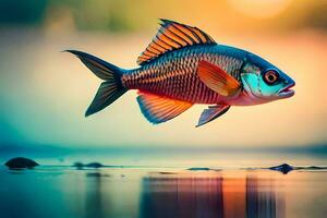a fish is flying over water with a sunset in the background. AI-Generated photo