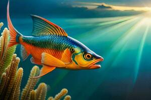 fish in the ocean with sun shining through the clouds. AI-Generated photo