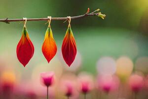 three red and orange leaves hanging from a branch. AI-Generated photo