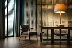 a modern dining room with a table and chairs. AI-Generated photo