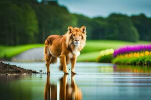 a lion standing in the water with flowers in the background. AI-Generated photo