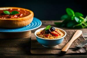 spaghetti with tomato sauce and basil leaves in a bowl. AI-Generated photo