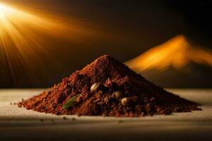 a pile of spices on a table with the sun shining. AI-Generated photo