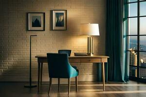 a desk with a lamp and chair in front of a window. AI-Generated photo