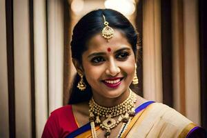 a woman in a traditional sari smiling. AI-Generated photo