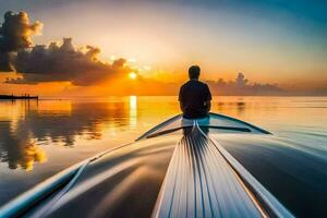 a man sitting on the back of a boat at sunset. AI-Generated photo