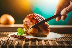 a person is cutting up a chicken on a bamboo mat. AI-Generated photo