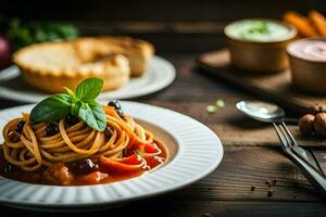 spaghetti with tomato sauce and vegetables on a wooden table. AI-Generated photo
