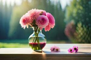 pink flowers in a vase on a table. AI-Generated photo