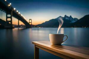 the coffee cup is on a wooden table in front of a lake and a bridge at dusk. AI-Generated photo