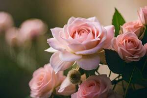pink roses are in a vase with green leaves. AI-Generated photo