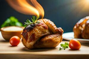 a chicken is being cooked on a wooden cutting board. AI-Generated photo