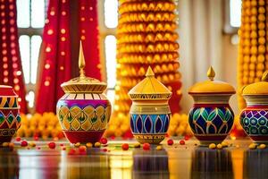 a row of colorful vases with gold and orange decorations. AI-Generated photo