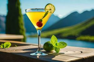 a cocktail with a lime and mint on a wooden table. AI-Generated photo