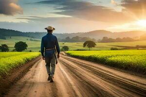 a man in cowboy hat walking down a dirt road. AI-Generated photo