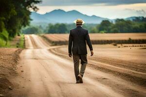 a man in a suit and hat walks down a dirt road. AI-Generated photo