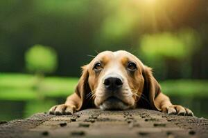 a dog laying on a wooden bridge with its head on the ground. AI-Generated photo