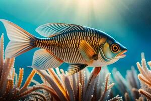 an underwater fish with a bright sun shining on it. AI-Generated photo