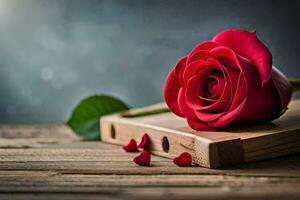 a single red rose on a wooden table. AI-Generated photo