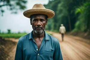 un hombre vistiendo un sombrero soportes en un suciedad la carretera. generado por ai foto