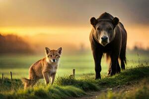 a brown bear and a fox standing in a field. AI-Generated photo