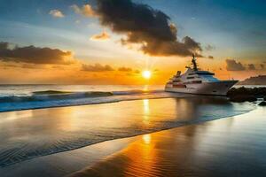 a yacht is docked on the beach at sunset. AI-Generated photo