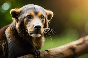 a brown dog sitting on a branch. AI-Generated photo