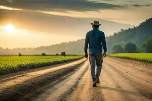 un hombre caminando abajo un suciedad la carretera a puesta de sol. generado por ai foto