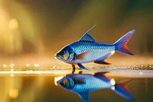 a fish is standing on the water with its reflection. AI-Generated photo