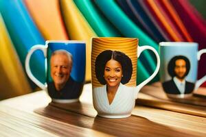 three coffee mugs with pictures of people on them. AI-Generated photo