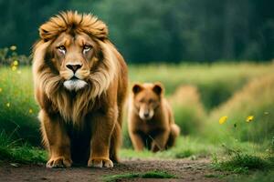 two lions walking in the grass. AI-Generated photo