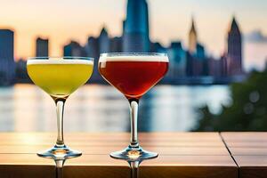 two glasses of cocktails with the city skyline in the background. AI-Generated photo