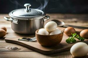 eggs in a bowl and a pot on a table. AI-Generated photo