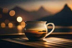 un taza de café en un mesa con un ver de el montañas. generado por ai foto