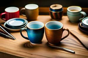 colorful coffee cups and saucers on a table. AI-Generated photo