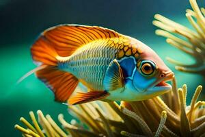 a fish with bright orange eyes and a green background. AI-Generated photo