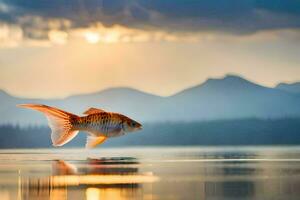 goldfish jumping out of the water at sunset. AI-Generated photo