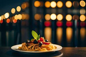 spaghetti with olives and tomatoes on a plate. AI-Generated photo