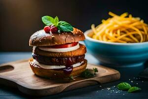 a hamburger with cheese, tomato and basil on a wooden cutting board. AI-Generated photo