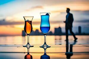 two glasses of cocktails on the rooftop of a building. AI-Generated photo