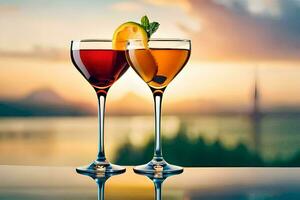 two glasses of wine with a sunset in the background. AI-Generated photo