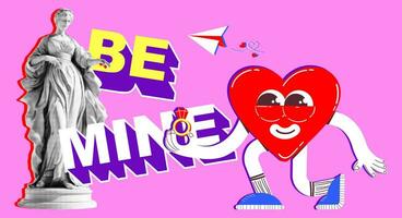 Statue with a halftone effect in a retro collage style with vector graphic elements. Happy Valentine's Day. Banner vector illustration in flat style.