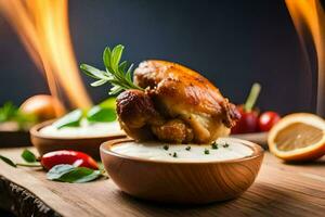 chicken wings in a bowl with cream sauce on a wooden board. AI-Generated photo