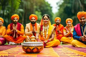 indio Boda ceremonia con un grupo de personas en naranja. generado por ai foto