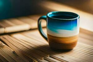 a coffee cup on a wooden table. AI-Generated photo