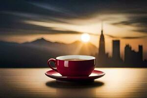 a cup of coffee on a table in front of a cityscape. AI-Generated photo
